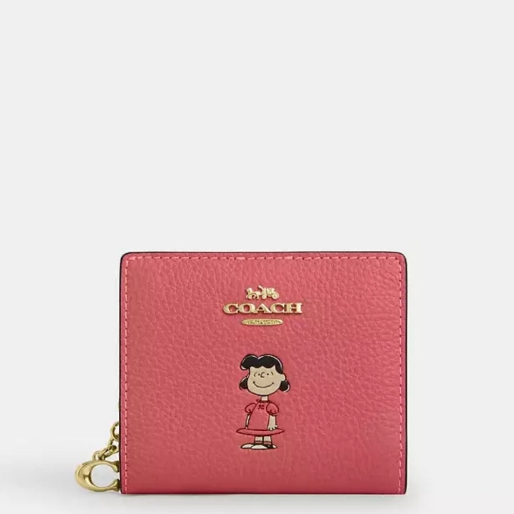 New Coach X Peanuts Snap Wallet With Lucy (Pink Coral)